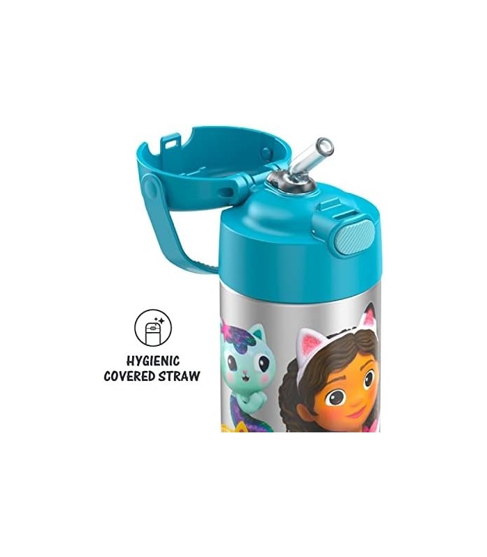 THERMOS FUNTAINER 12 onças de aço inoxidável isolado a vácuo Garrafa de canudo para crianças, Gabbys Dollhouse