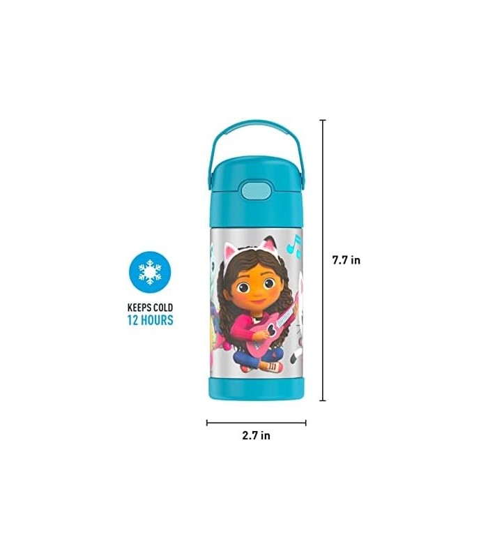 THERMOS FUNTAINER 12 onças de aço inoxidável isolado a vácuo Garrafa de canudo para crianças, Gabbys Dollhouse