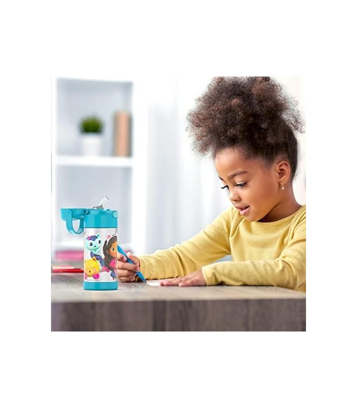THERMOS FUNTAINER 12 onças de aço inoxidável isolado a vácuo Garrafa de canudo para crianças, Gabbys Dollhouse