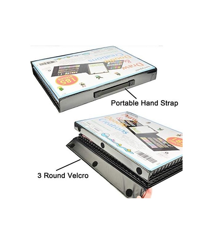 Sunnyglade 185 peças conjunto de arte de cavalete dupla face com três dobras, caixa de arte de desenho com pastéis de óleo, giz