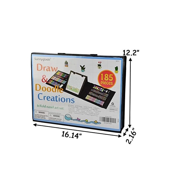 Sunnyglade 185 peças conjunto de arte de cavalete dupla face com três dobras, caixa de arte de desenho com pastéis de óleo, giz