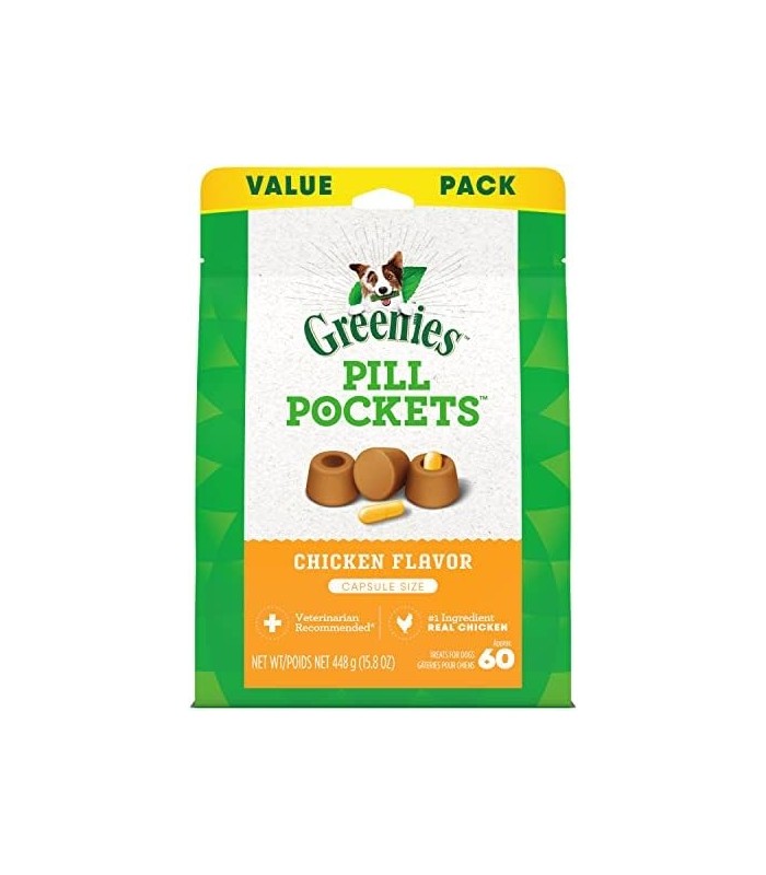 GREENIES PILL POCKETS Capsule Size Natural Dog Treats Sabor Frango, 15,8 onças. Pacote de valor (60 guloseimas)