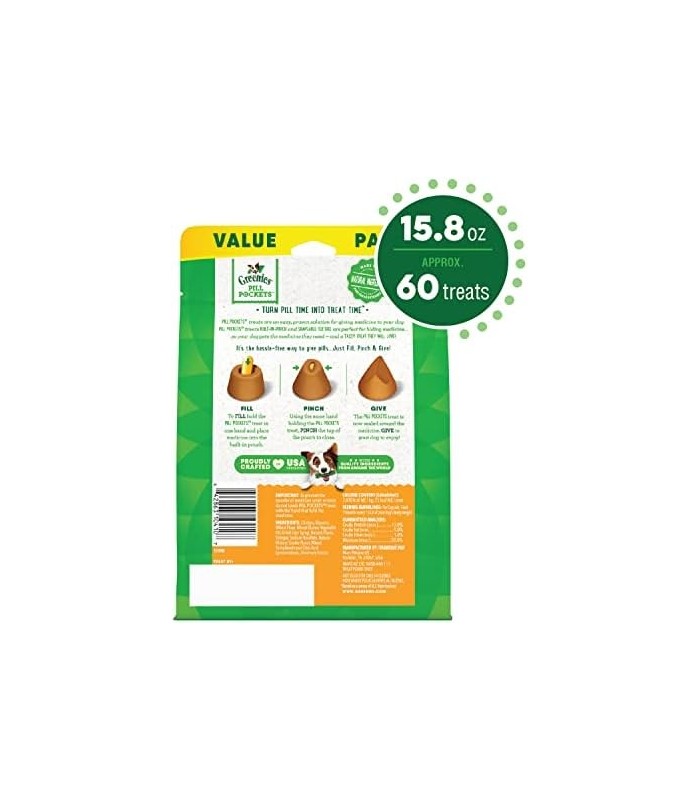 GREENIES PILL POCKETS Capsule Size Natural Dog Treats Sabor Frango, 15,8 onças. Pacote de valor (60 guloseimas)