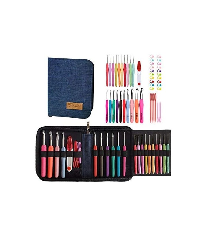 Conjunto completo de agulhas de crochê de tamanhos 20, agulhas de crochê ergonômicas de 0,5 mm a 10 mm com estojo para mãos artr