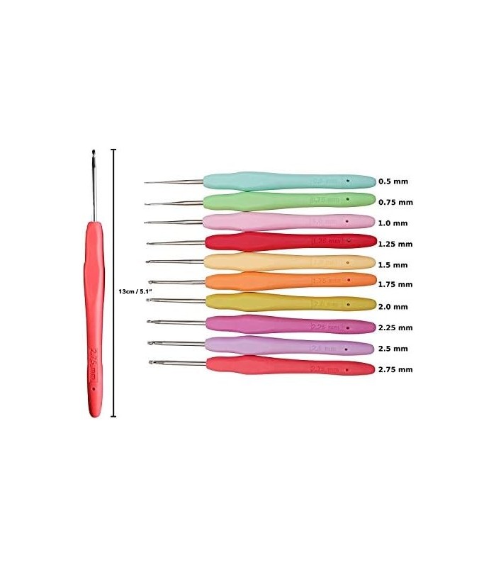 Conjunto completo de agulhas de crochê de tamanhos 20, agulhas de crochê ergonômicas de 0,5 mm a 10 mm com estojo para mãos artr
