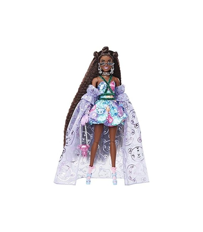 Boneca Barbie Extra Fancy em vestido estampado de pelúcia com trem transparente, animal de estimação de ursinho de pelúcia, cabe